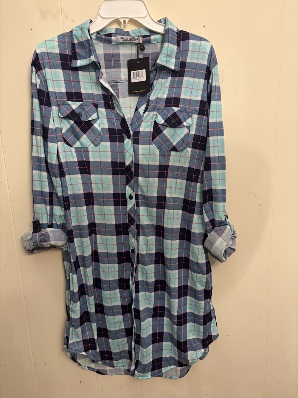 White Mark Piper Plaid Tunic Top XL pockets new purple blue coastal cowgirl cozy